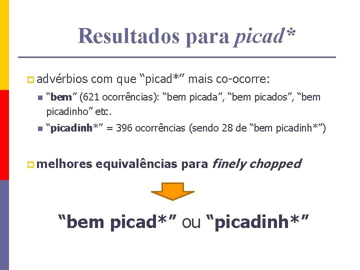 Resultados para picad* p advérbios com que “picad*” mais co-ocorre: n “bem” (621 ocorrências):