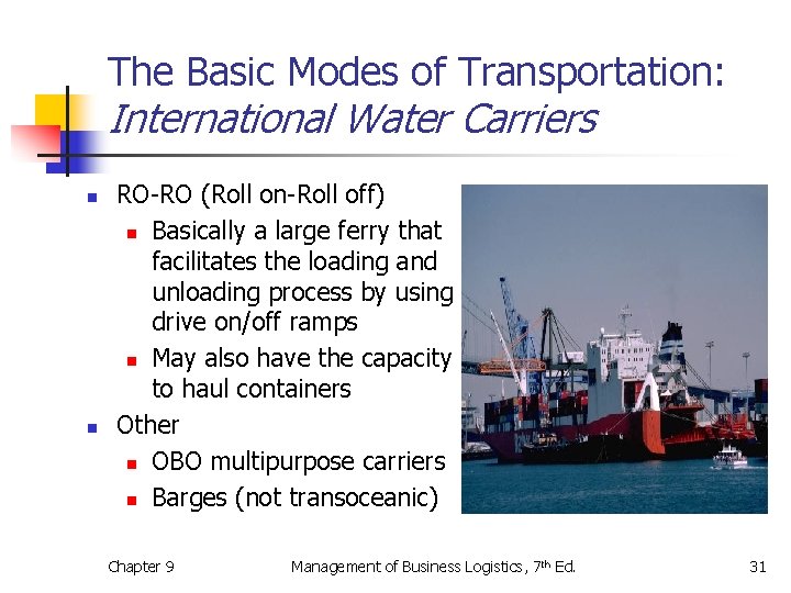 The Basic Modes of Transportation: International Water Carriers n n RO-RO (Roll on-Roll off)
