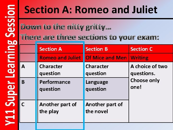Section A: Romeo and Juliet Down to the nitty gritty… There are three sections
