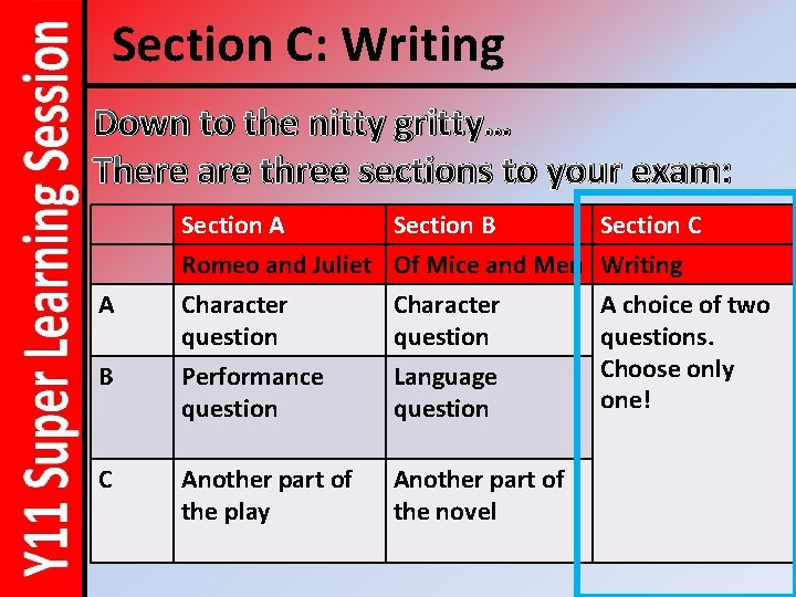 Section C: Writing Down to the nitty gritty… There are three sections to your