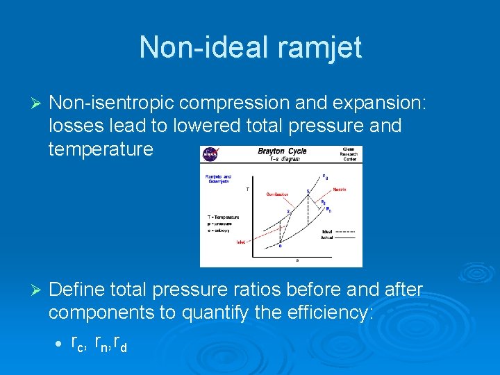 Non-ideal ramjet Ø Non-isentropic compression and expansion: losses lead to lowered total pressure and