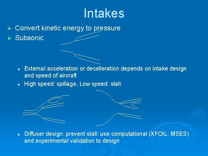 Intakes Convert kinetic energy to pressure Ø Subsonic Ø l l l External acceleration