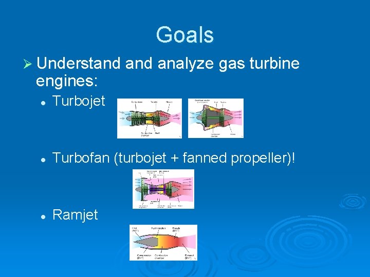 Goals Ø Understand analyze gas turbine engines: l Turbojet l Turbofan (turbojet + fanned