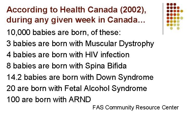 According to Health Canada (2002), during any given week in Canada… 10, 000 babies
