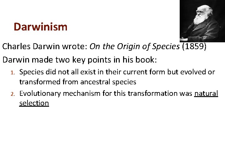 Darwinism Charles Darwin wrote: On the Origin of Species (1859) Darwin made two key