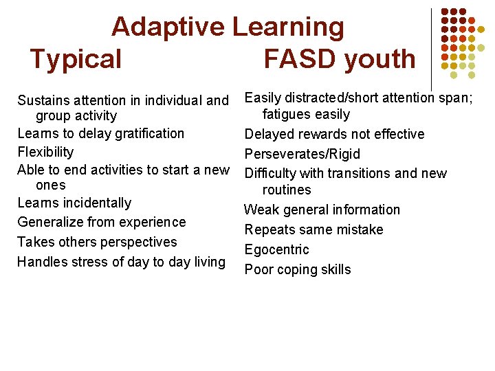 Adaptive Learning Typical FASD youth Sustains attention in individual and group activity Learns to