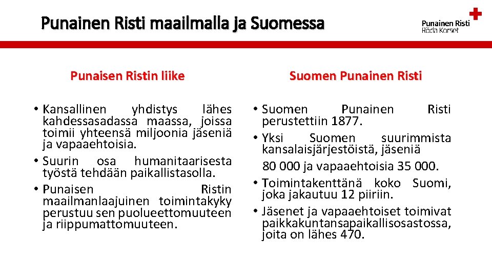 Punainen Risti maailmalla ja Suomessa Punaisen Ristin liike • Kansallinen yhdistys lähes kahdessasadassa maassa,