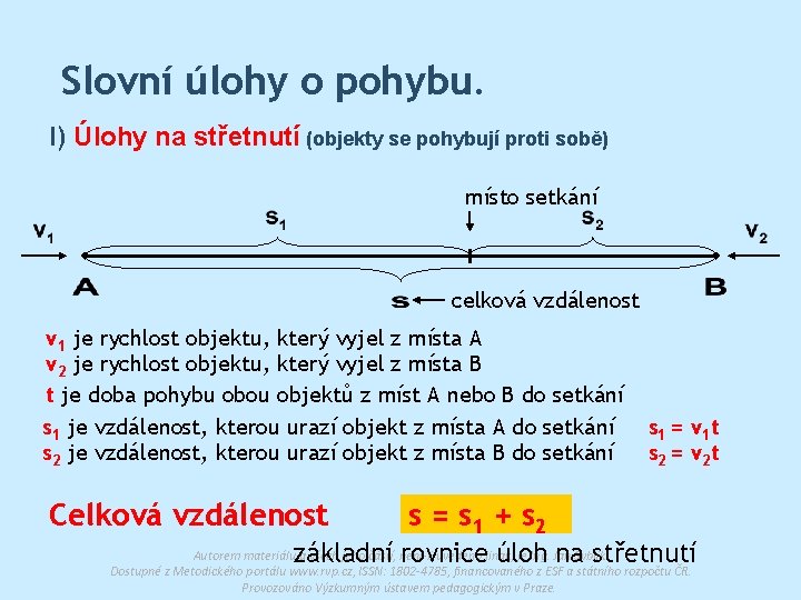 Slovní úlohy o pohybu. I) Úlohy na střetnutí (objekty se pohybují proti sobě) místo