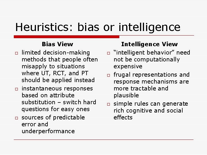 Heuristics: bias or intelligence o o o Bias View limited decision-making methods that people
