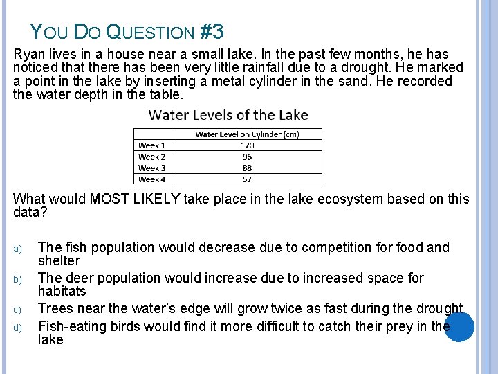 YOU DO QUESTION #3 Ryan lives in a house near a small lake. In