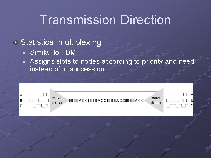 Transmission Direction Statistical multiplexing n n Similar to TDM Assigns slots to nodes according