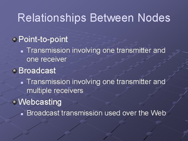 Relationships Between Nodes Point-to-point n Transmission involving one transmitter and one receiver Broadcast n