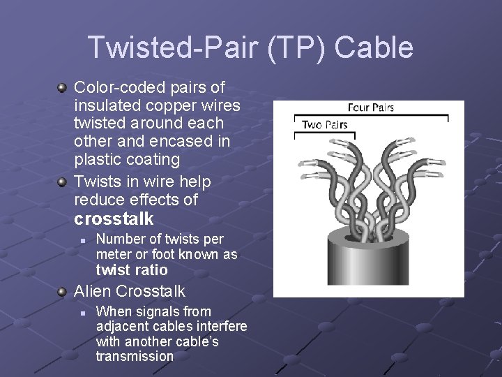 Twisted-Pair (TP) Cable Color-coded pairs of insulated copper wires twisted around each other and