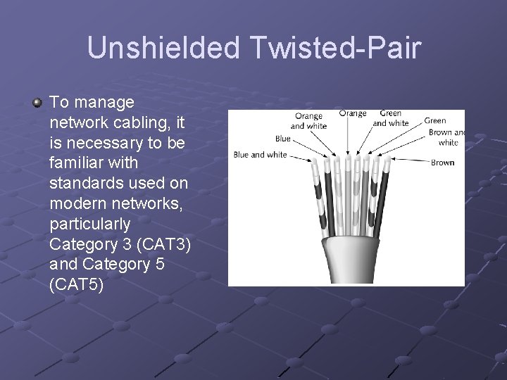 Unshielded Twisted-Pair To manage network cabling, it is necessary to be familiar with standards