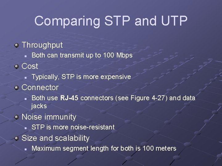 Comparing STP and UTP Throughput n Both can transmit up to 100 Mbps Cost