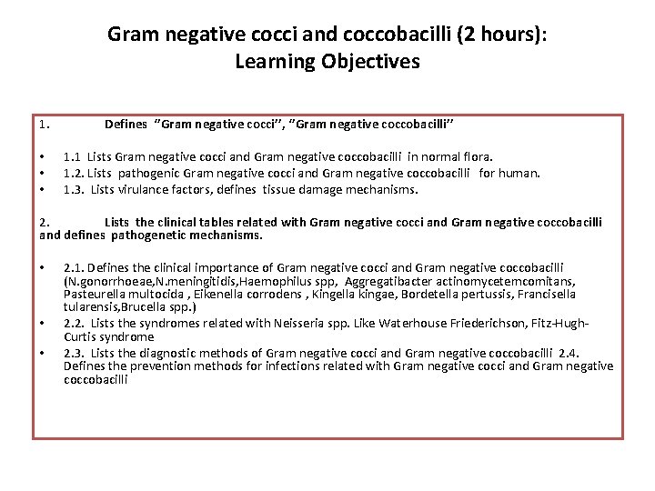 Gram negative cocci and coccobacilli (2 hours): Learning Objectives 1. • • • Defines