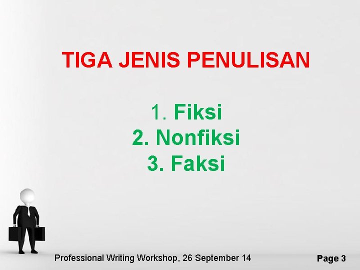 TIGA JENIS PENULISAN 1. Fiksi 2. Nonfiksi 3. Faksi Powerpoint Templates Professional Writing Free