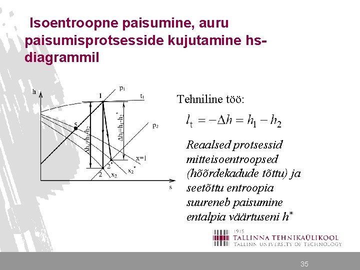 Isoentroopne paisumine, auru paisumisprotsesside kujutamine hsdiagrammil Tehniline töö: Reaalsed protsessid mitteisoentroopsed (hõõrdekadude tõttu) ja