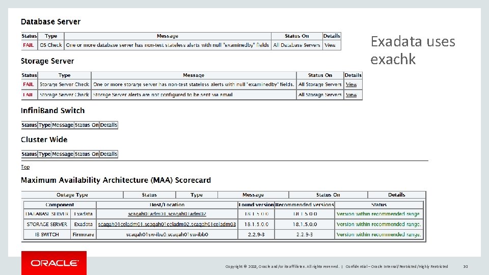 Exadata uses exachk Copyright © 2018, Oracle and/or its affiliates. All rights reserved. |