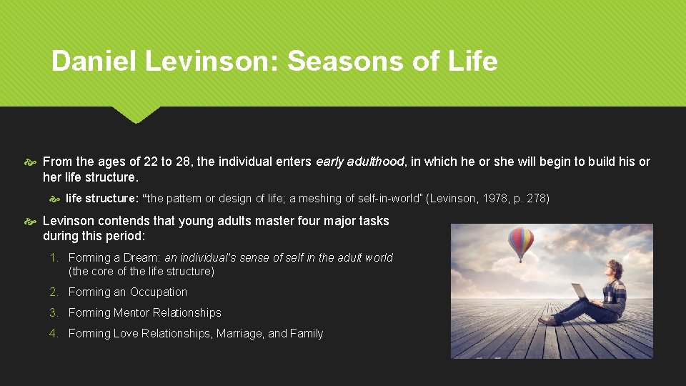 Daniel Levinson: Seasons of Life From the ages of 22 to 28, the individual