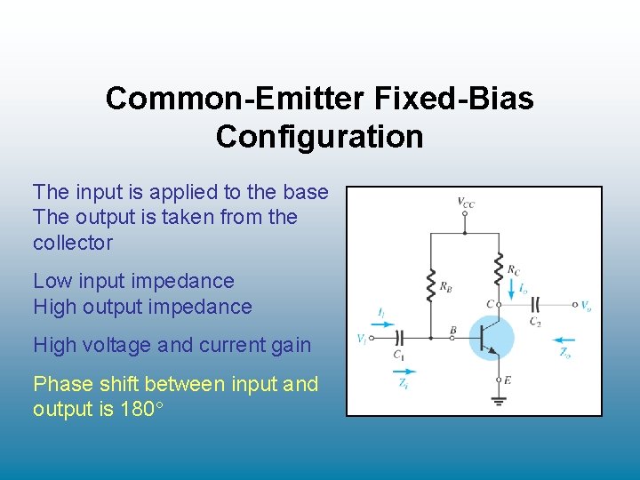 Common-Emitter Fixed-Bias Configuration The input is applied to the base The output is taken Common-Emitter Fixed-Bias Configuration The input is applied to the base The output is taken