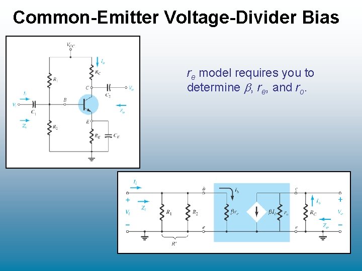 Common-Emitter Voltage-Divider Bias re model requires you to determine , re, and ro. Common-Emitter Voltage-Divider Bias re model requires you to determine , re, and ro.