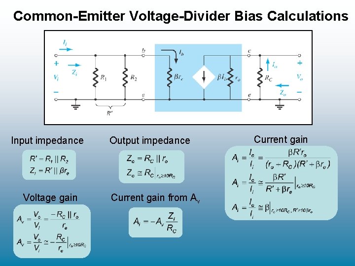 Common-Emitter Voltage-Divider Bias Calculations Input impedance Voltage gain Output impedance Current gain from Av Common-Emitter Voltage-Divider Bias Calculations Input impedance Voltage gain Output impedance Current gain from Av