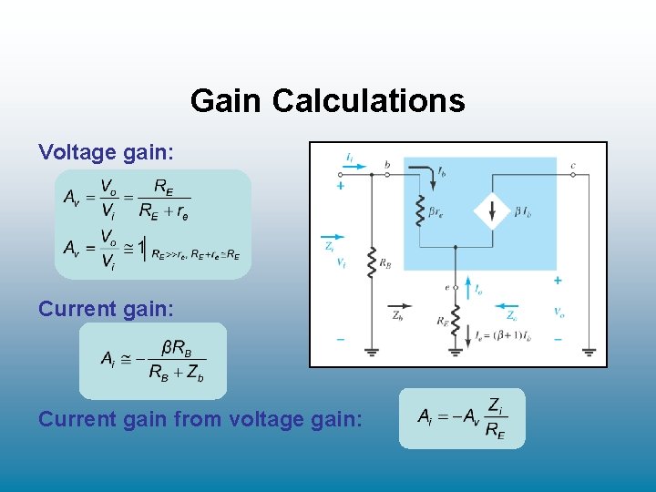 Gain Calculations Voltage gain: Current gain from voltage gain: Gain Calculations Voltage gain: Current gain from voltage gain: