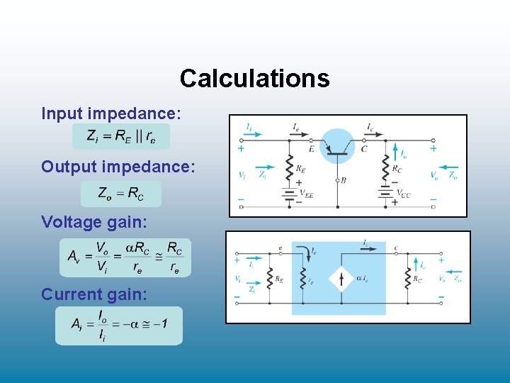 Calculations Input impedance: Output impedance: Voltage gain: Current gain: Calculations Input impedance: Output impedance: Voltage gain: Current gain: