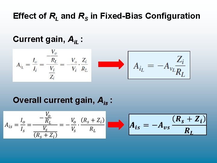 Effect of RL and RS in Fixed-Bias Configuration Current gain, Ai. L : Overall Effect of RL and RS in Fixed-Bias Configuration Current gain, Ai. L : Overall
