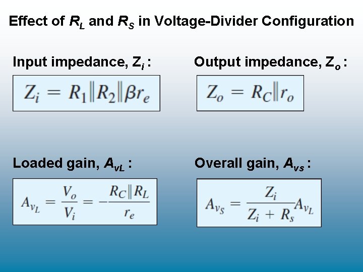 Effect of RL and RS in Voltage-Divider Configuration Input impedance, Zi : Output impedance, Effect of RL and RS in Voltage-Divider Configuration Input impedance, Zi : Output impedance,