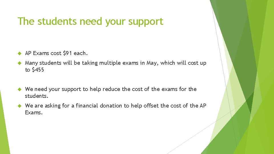 The students need your support AP Exams cost $91 each. Many students will be