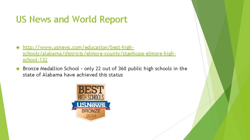 US News and World Report http: //www. usnews. com/education/best-highschools/alabama/districts/elmore-county/stanhope-elmore-highschool-132 Bronze Medallion School – only