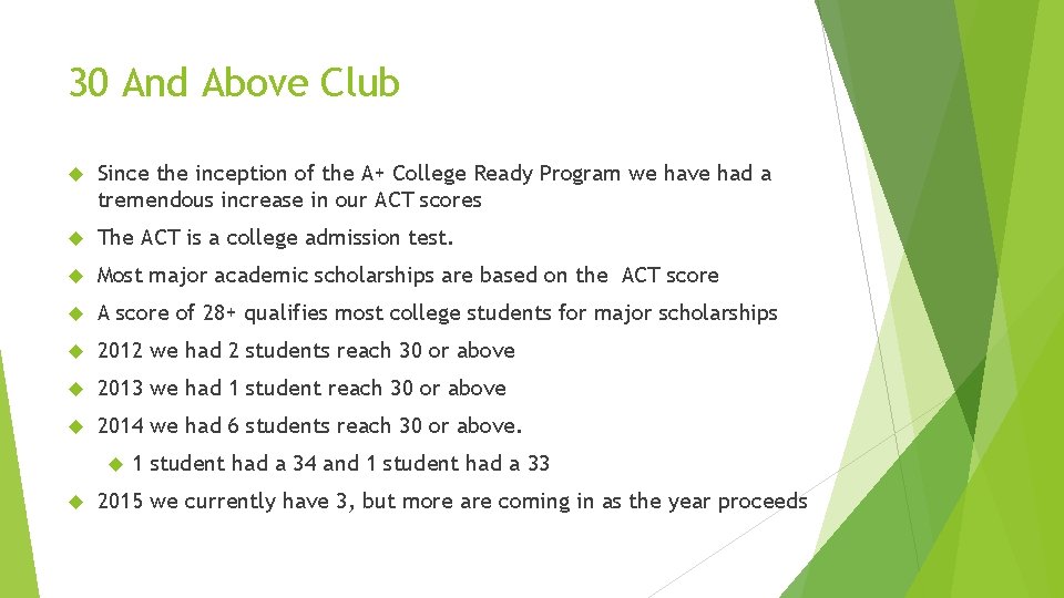 30 And Above Club Since the inception of the A+ College Ready Program we
