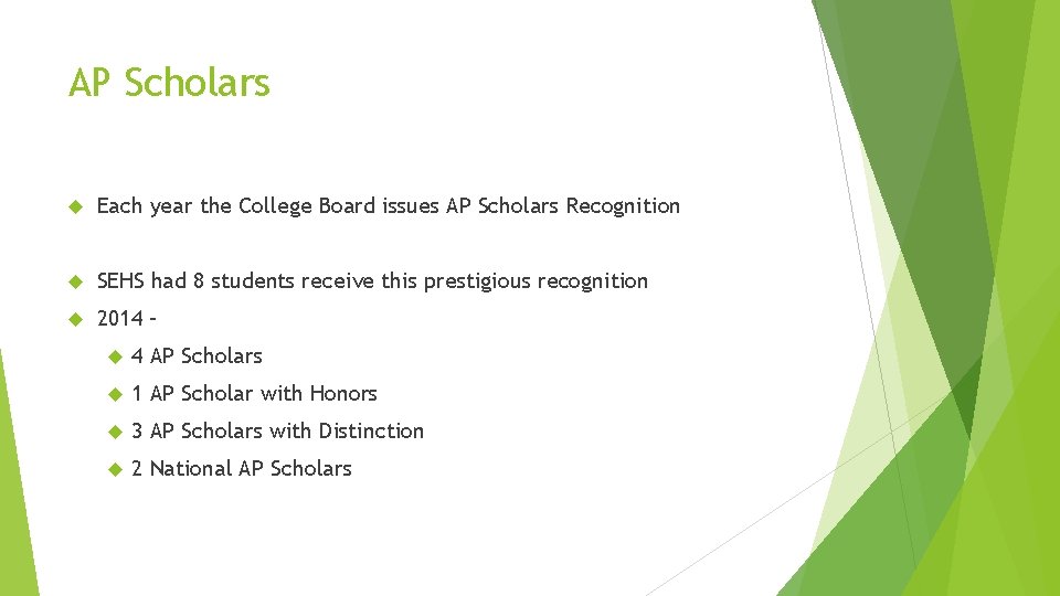 AP Scholars Each year the College Board issues AP Scholars Recognition SEHS had 8