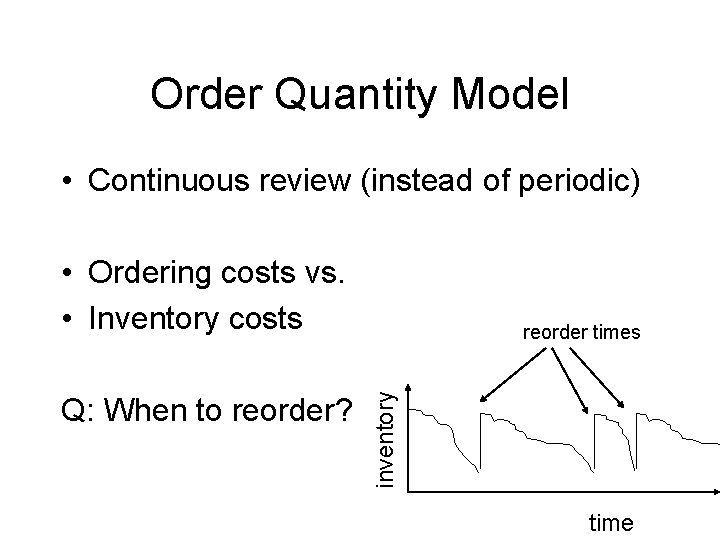 Order Quantity Model • Continuous review (instead of periodic) • Ordering costs vs. •