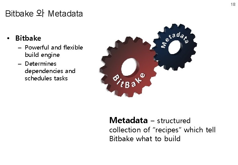 18 Bitbake 와 Metadata • Bitbake – Powerful and flexible build engine – Determines