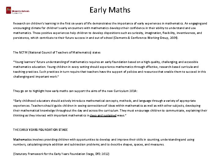 Early Maths Research on children’s learning in the first six years of life demonstrates