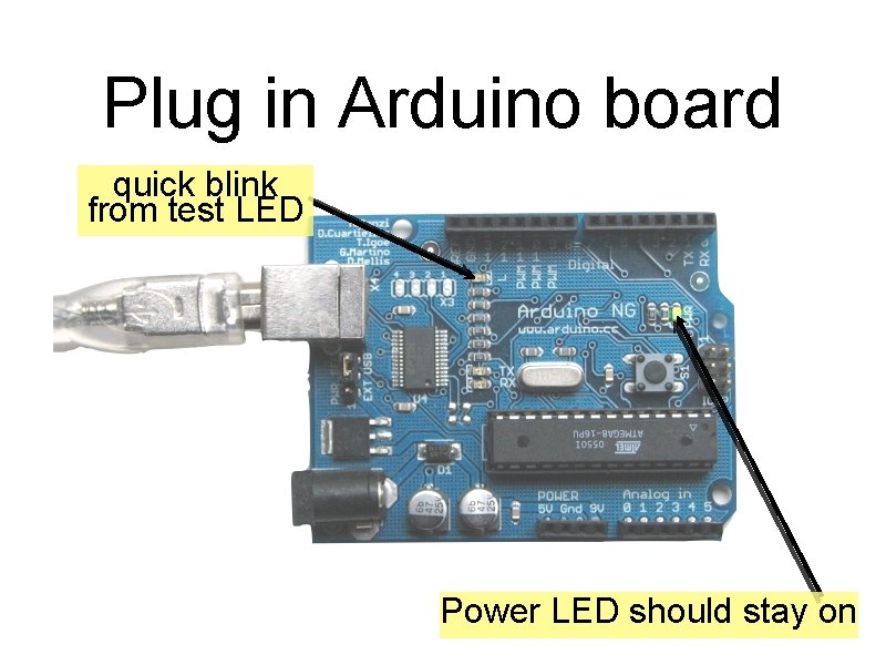 Plug in Arduino board quick blink from test LED Power LED should stay on