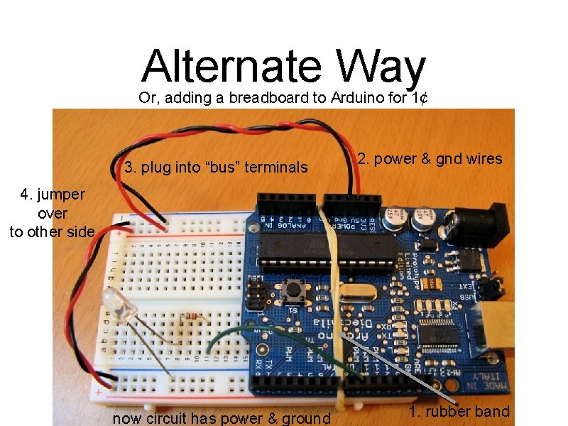 Alternate Way Or, adding a breadboard to Arduino for 1¢ 3. plug into “bus”