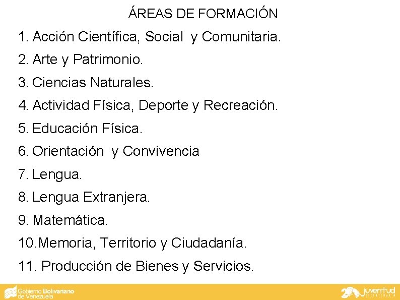 ÁREAS DE FORMACIÓN 1. Acción Científica, Social y Comunitaria. 2. Arte y Patrimonio. 3.