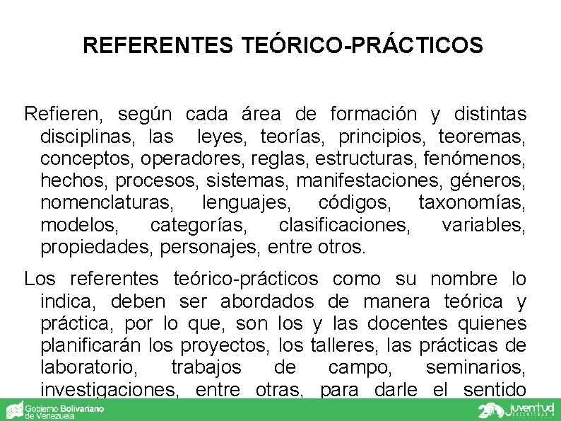 REFERENTES TEÓRICO-PRÁCTICOS Refieren, según cada área de formación y distintas disciplinas, las leyes, teorías,