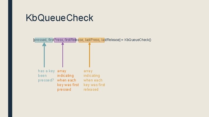 Kb. Queue. Check [pressed, first. Press, first. Release, last. Press, last. Release] = Kb.