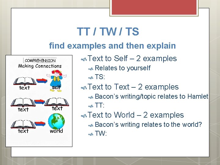 TT / TW / TS find examples and then explain Text to Self –