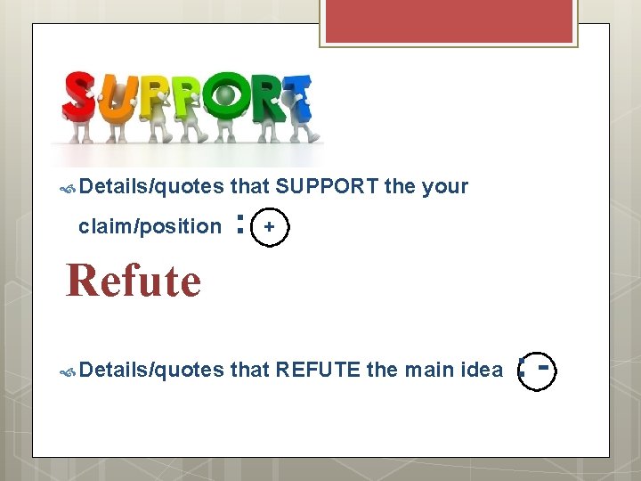  Details/quotes claim/position that SUPPORT the your : + Refute Details/quotes that REFUTE the