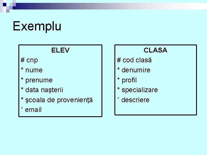 Exemplu ELEV # cnp * nume * prenume * data naşterii * şcoala de