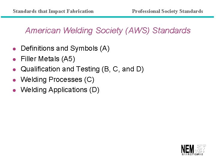 Standards that Impact Fabrication Professional Society Standards American Welding Society (AWS) Standards l l