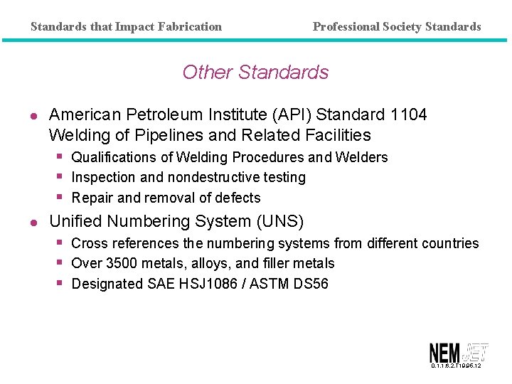 Standards that Impact Fabrication Professional Society Standards Other Standards l l American Petroleum Institute