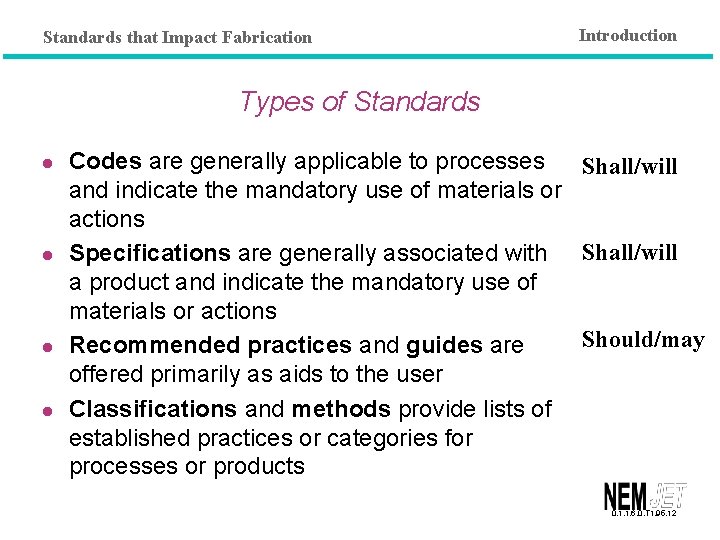 Standards that Impact Fabrication Introduction Types of Standards l l Codes are generally applicable