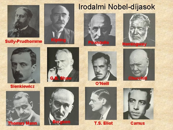 Irodalmi Nobel-díjasok Sully-Prudhomme Kipling Pirandello G. B. Shaw Churchill O’Neill Sienkiewicz Thomas Mann Hemingway